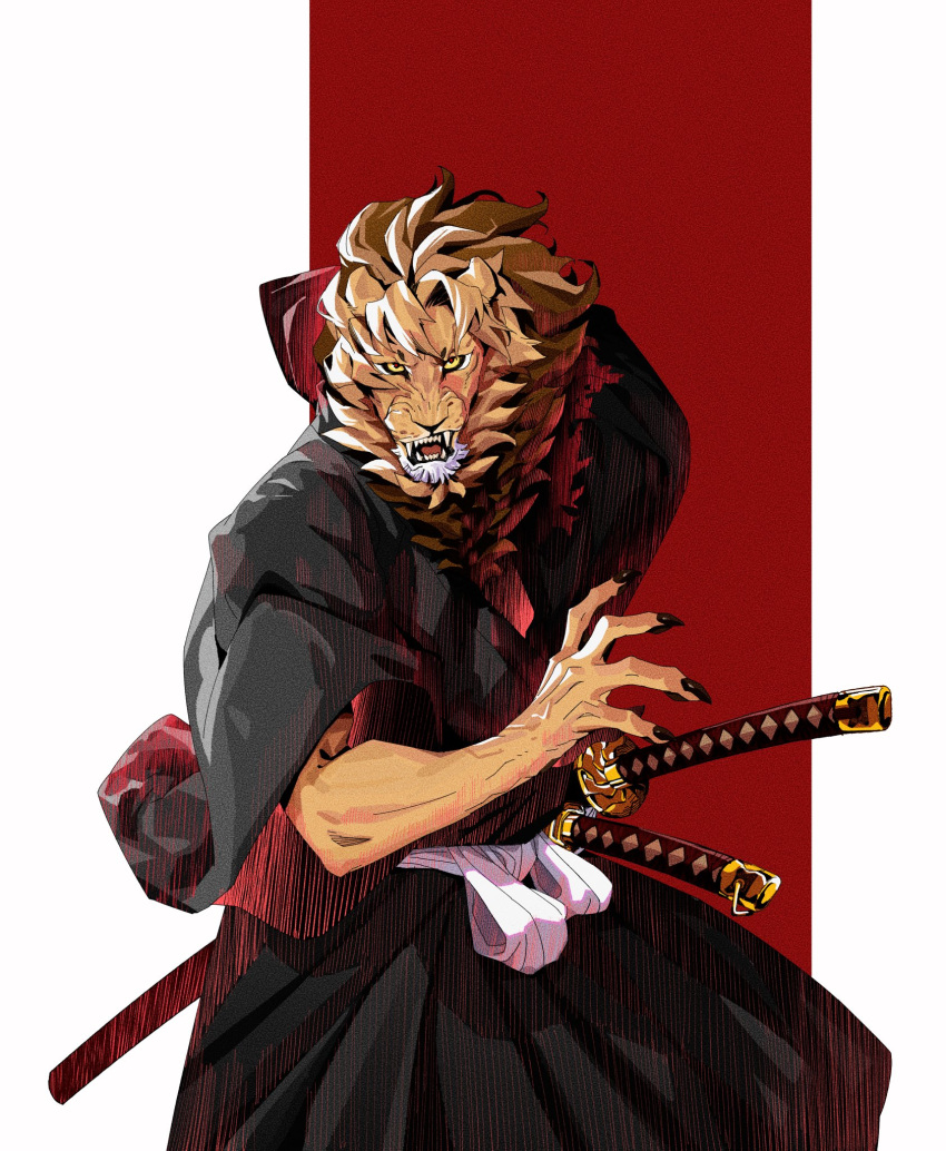 1boy animal_ears black_eyes body_fur brown_fur claws colored_sclera fangs furry furry_male hakama hakama_skirt highres japanese_clothes katana lion_boy lion_ears llishifu long_sleeves male_focus mane open_mouth original red_background red_pupils simple_background skirt solo standing sword upper_body weapon wide_sleeves yellow_sclera