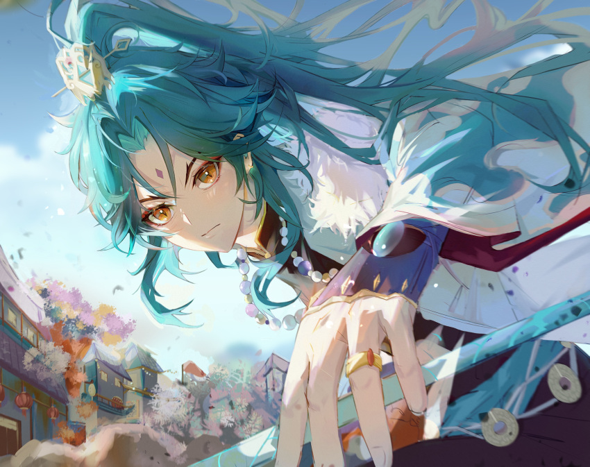 1boy alternate_costume alternate_hairstyle chinese_clothes facial_mark forehead_mark genshin_impact green_hair highres jewelry long_hair looking_at_viewer male_focus multicolored_hair outdoors procreate_(medium) xhduexh xiao_(genshin_impact) yellow_eyes