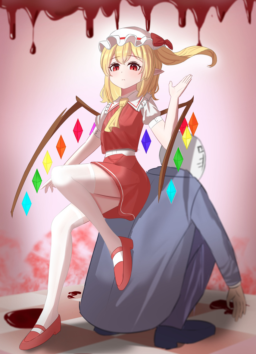 1boy 1girl absurdres blonde_hair blood blurry depth_of_field flandre_scarlet flat_chest full_body hand_up hat highres linuslinus920423 mary_janes medium_hair mob_cap petite pointy_ears red_eyes red_footwear red_skirt shoes sin_sack sitting sitting_on_person skirt solo_focus squatting thigh-highs touhou vest white_headwear wings