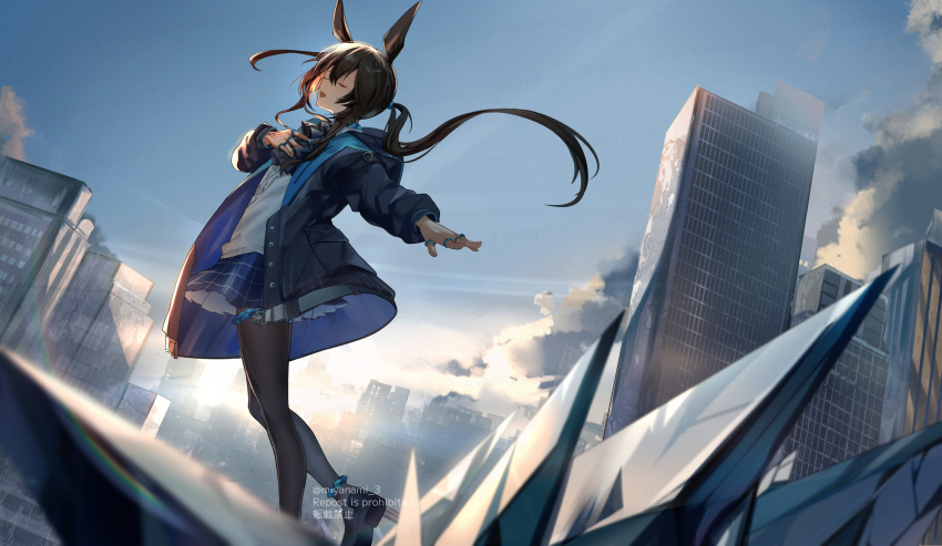 1girl amiya_(arknights) animal_ears anklet arknights ascot black_footwear black_jacket black_pantyhose blue_ascot blue_skirt blue_sky brown_hair building city cityscape closed_eyes clouds cloudy_sky floating_hair hand_on_own_chest highres jacket jewelry long_hair long_sleeves miyanami_3 multiple_rings open_clothes open_jacket open_mouth originium_(arknights) outdoors pantyhose plaid plaid_skirt pleated_skirt ponytail rabbit_ears rabbit_girl ring scenery shirt sidelocks skirt sky skyscraper solo standing sunset thighlet white_shirt