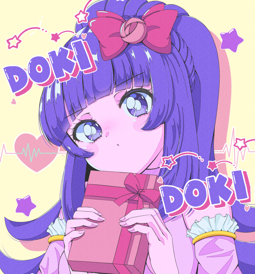 1990s_(style) 1girl absurdres blunt_bangs blush blush_stickers bow box detached_sleeves english_text gift gift_box hair_bow hair_ornament hanazono_shuuka happy_valentine head_tilt heart high_ponytail highres holding holding_box holding_gift idol_land_pripara idol_time_pripara long_hair looking_at_viewer milon_cas pink_bow pink_shirt pink_sleeves ponytail pretty_(series) pripara puckered_lips purple_hair red_bow retro_artstyle shirt solo star_(symbol) upper_body valentine violet_eyes yellow_background