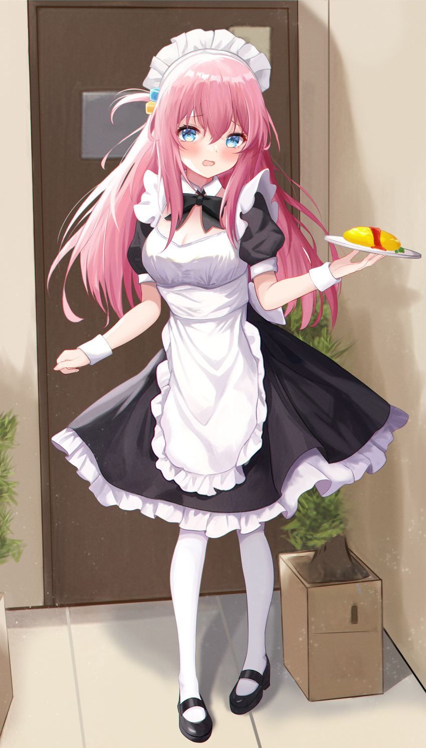 1girl absurdres apron black_bow black_bowtie black_dress black_footwear blue_eyes blush bocchi_the_rock! bow bowtie collar cube_hair_ornament detached_collar dress exusiai_dust food frilled_apron frilled_dress frills full_body gotou_hitori hair_between_eyes hair_ornament highres holding holding_tray long_hair looking_at_viewer maid maid_apron maid_headdress mixed-language_commentary one_side_up open_mouth pantyhose pink_hair puffy_short_sleeves puffy_sleeves short_sleeves sidelocks solo standing sweatdrop tray white_collar white_pantyhose white_wrist_cuffs wrist_cuffs