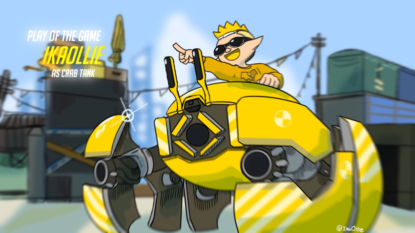 1boy blonde_hair blue_sky blurry blurry_background cable canons crab_tank_(splatoon) dock highres ikaollieart inkling inkling_boy mecha overwatch parody pointing pointing_forward pointy_ears robot sky smile solo spiky_hair splatoon_(series) splatoon_3 sunglasses sweater tentacle_hair utility_pole wrecking_ball_(overwatch) yellow_sweater