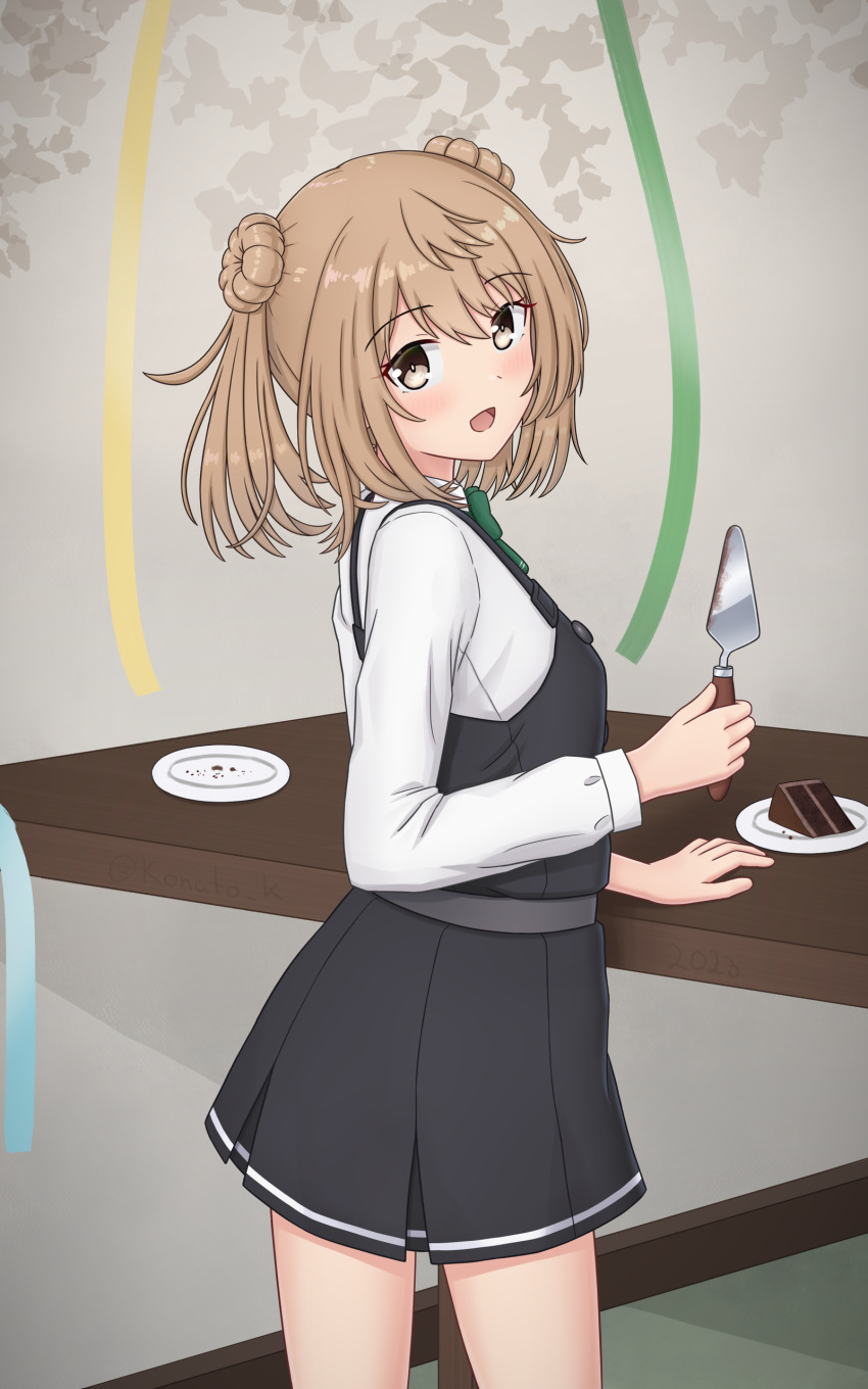 1girl absurdres black_dress brown_eyes cake cake_slice cake_slicer collared_shirt cowboy_shot double_bun dress dress_shirt english_commentary food from_behind hair_bun highres kantai_collection konato_k light_brown_hair long_hair looking_at_viewer looking_back michishio_(kancolle) michishio_kai_ni_(kancolle) mixed-language_commentary pinafore_dress shirt short_twintails solo standing table twintails white_shirt