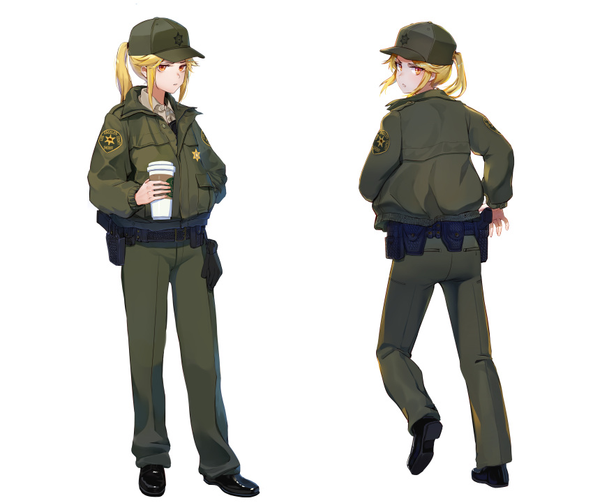 1girl absurdres baseball_cap belt black_belt black_footwear blonde_hair brown_eyes brown_shirt collared_shirt commentary cup disposable_cup drink english_commentary full_body green_headwear green_jacket green_pants gun handgun hat highres holding holding_cup holding_drink holster holstered_weapon jacket long_hair long_sleeves looking_at_viewer looking_back los_angeles_county_sheriff's_department multiple_views original pants patch police police_uniform policewoman ponytail sheriff sheriff_badge shirt shoes sidelocks standing tuzik10 uniform utility_belt weapon