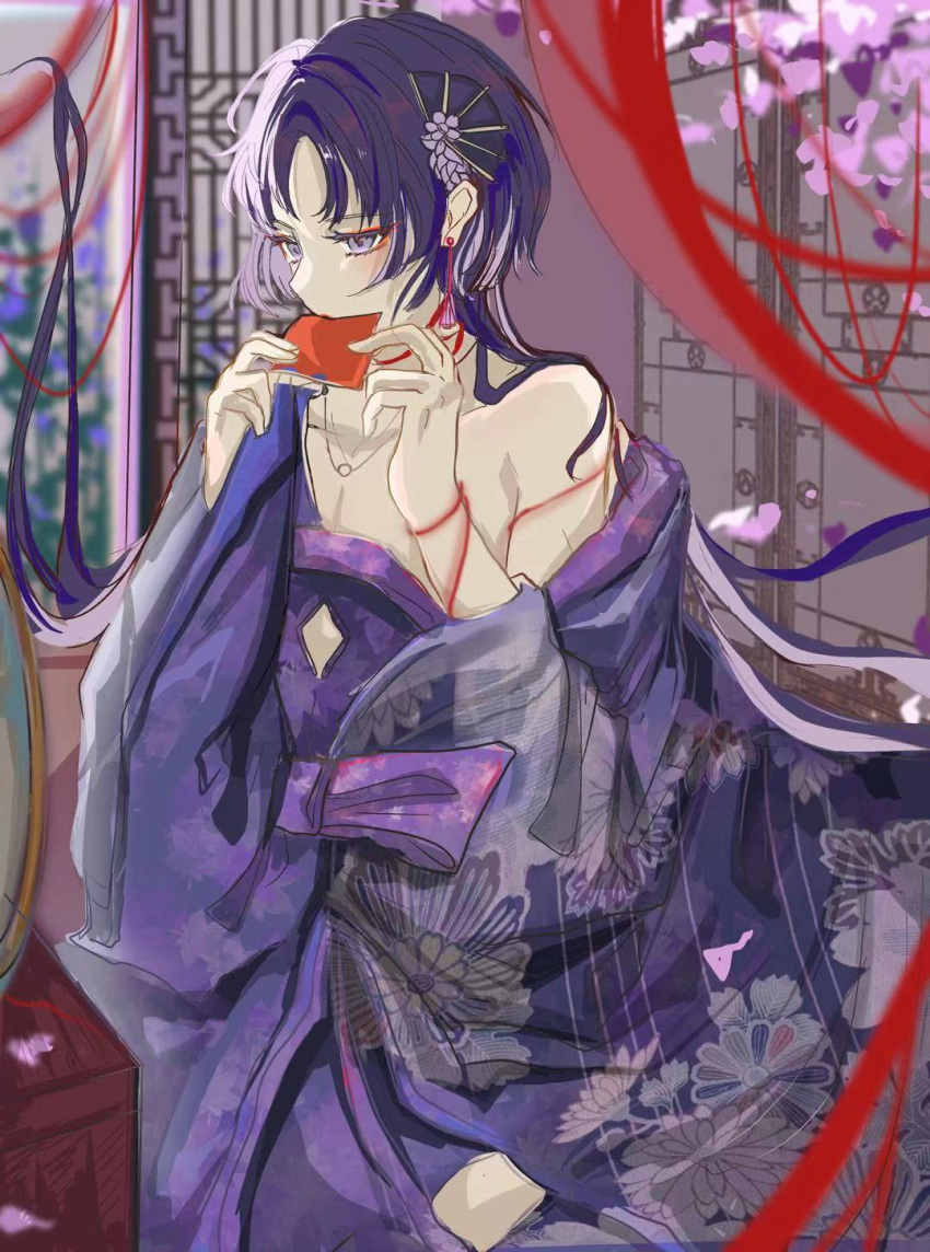 1boy alternate_costume architecture east_asian_architecture genshin_impact girly_boy highres japanese_clothes kimono long_hair male_focus mouth_hold parted_bangs purple_hair scaramouche_(genshin_impact) solo string string_of_fate violet_eyes