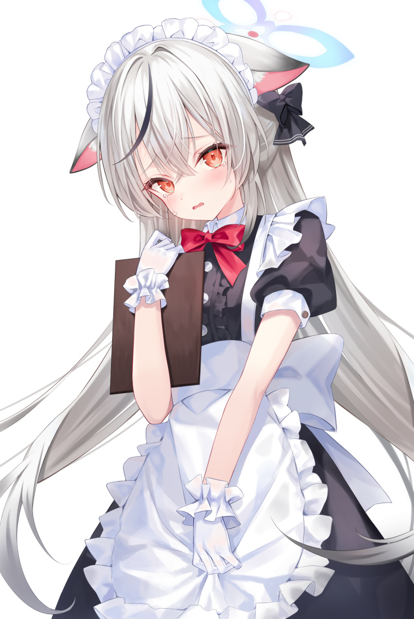 1girl animal_ear_fluff animal_ears apron between_legs blue_archive blush bow bowtie cowboy_shot cowlick crying crying_with_eyes_open floppy_ears frilled_apron frills gloves grey_hair hair_between_eyes hair_bow halo hand_between_legs hand_up highres holding kokona_(blue_archive) long_hair maid maid_apron maid_headdress multicolored_hair parted_lips rangtori red_bow red_bowtie red_eyes short_sleeves sidelocks solo standing streaked_hair tears twintails very_long_hair white_background white_gloves