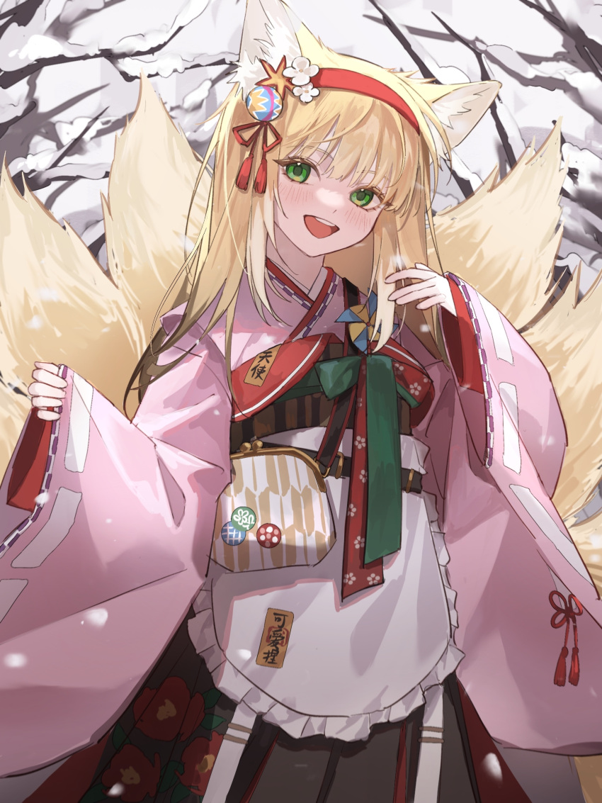 1girl :d absurdres animal_ear_fluff animal_ears apron arknights bare_tree black_skirt blonde_hair blush chinese_commentary commentary cowboy_shot floral_print fox_ears fox_girl fox_tail green_eyes green_ribbon hairband hakama hakama_skirt hands_up highres japanese_clothes kimono layered_sleeves long_hair long_sleeves looking_at_viewer multiple_tails official_alternate_costume open_mouth pink_kimono red_hairband ribbon skirt smile snow solo suzuran_(arknights) suzuran_(yukibare)_(arknights) tail teeth tree upper_teeth_only waist_apron weimeizi white_apron wide_sleeves