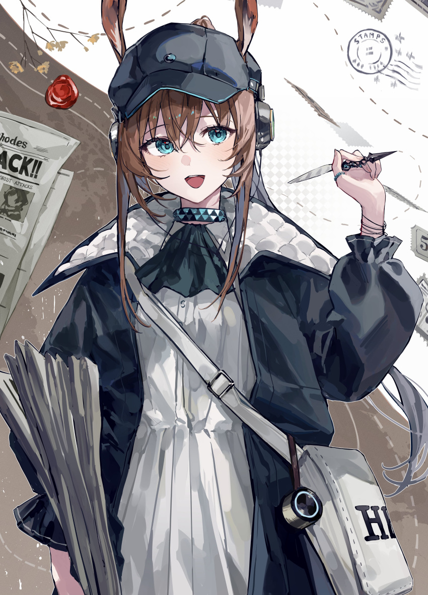 1girl absurdres amiya_(arknights) amiya_(newsgirl)_(arknights) animal_ears arknights ascot bag black_ascot black_headwear black_jacket blue_eyes brown_background brown_hair dress grey_bag hair_between_eyes hand_up headphones highres holding holding_newspaper holding_wand implied_extra_ears jacket jewelry long_hair long_sleeves lyas neck_ring newspaper open_mouth puffy_sleeves rabbit_ears ring shoulder_bag smile solo teeth upper_teeth_only wand wax_seal white_background white_dress