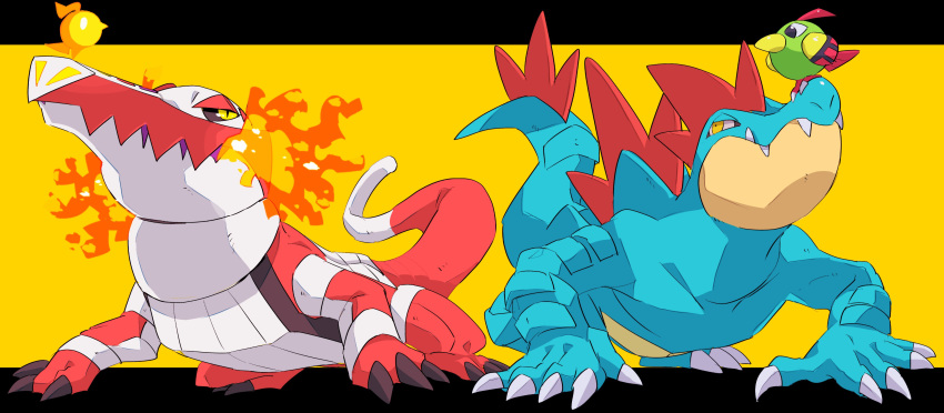 45_(maruyaki45) absurdres all_fours beak black_eyes claws closed_mouth fang fangs fangs_out feraligatr fire full_body highres natu no_humans on_head pokemon pokemon_(creature) pokemon_on_head sharp_teeth skeledirge skin_fang talons teeth wings yellow_background yellow_eyes