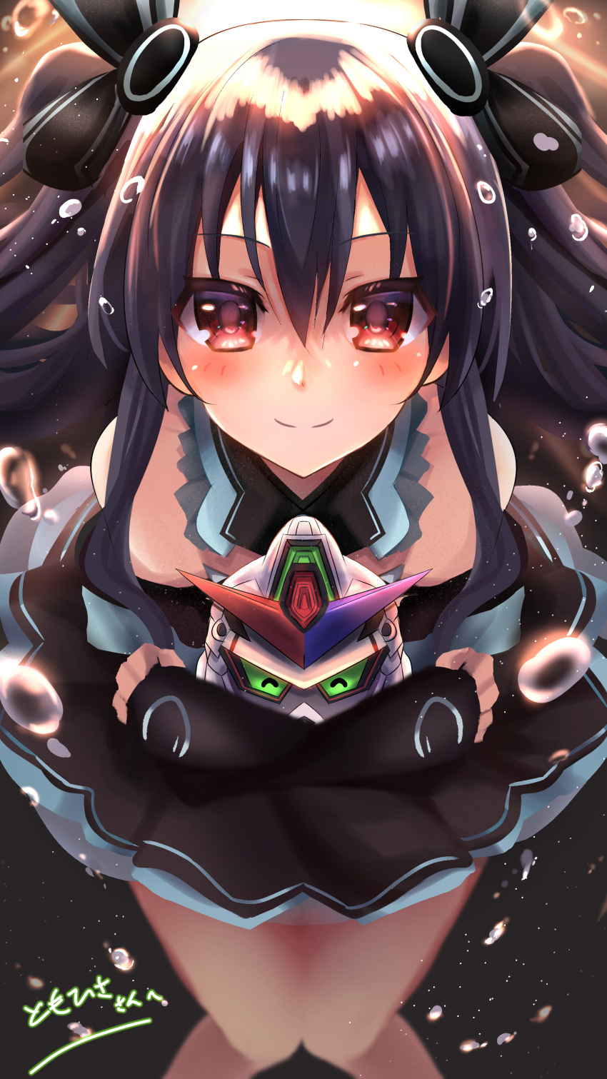 1girl absurdres bare_shoulders black_dress black_hair blush breasts dress hair_ornament happy highres jacket long_hair long_sleeves looking_at_viewer misaki_(nounaikakusan) neptune_(series) red_eyes sidelocks skirt small_breasts smile solo two_side_up uni_(neptune_series)