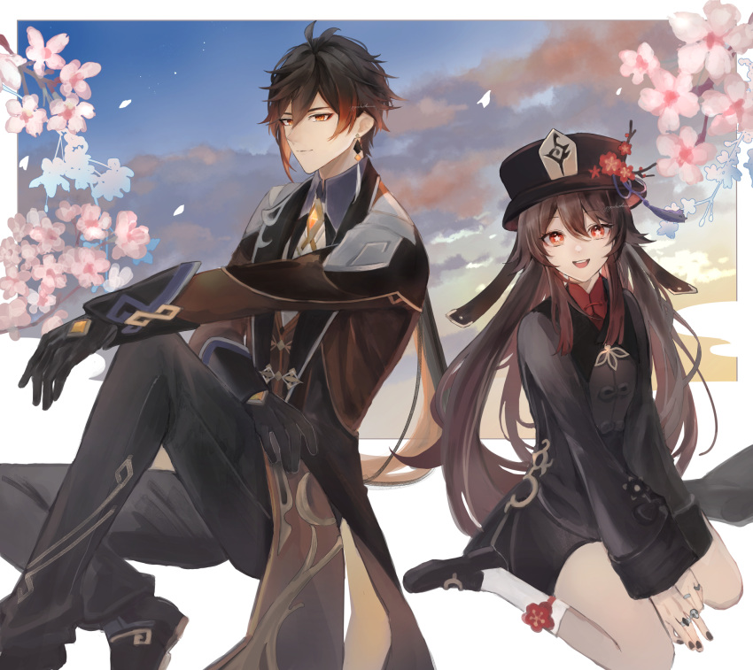 1boy 1girl black_gloves brown_hair cherry_blossoms clouds cloudy_sky coattails flower-shaped_pupils gloves hat highres hu_tao_(genshin_impact) jacket multicolored_hair open_mouth ponytail porkpie_hat red_eyes seiza shirt sitting sky smile symbol-shaped_pupils teeth twintails upper_teeth_only yellow_eyes yyudouhu zhongli_(genshin_impact)