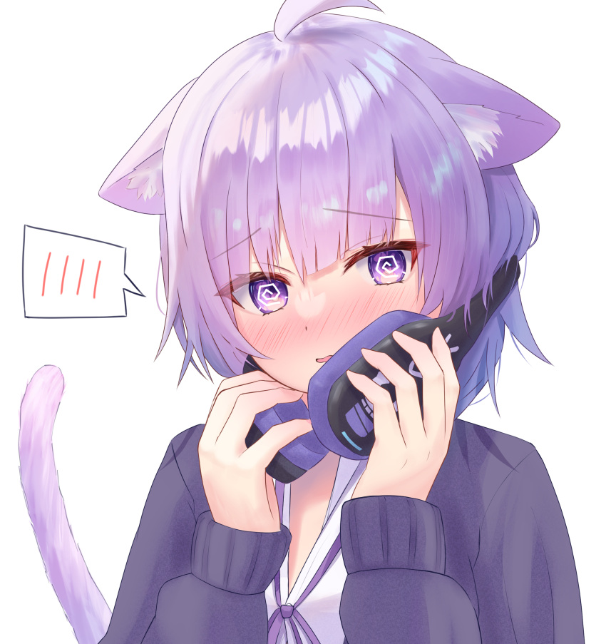 1girl @_@ absurdres ahoge animal_ear_fluff animal_ears blunt_bangs blush cat_ears cat_girl cat_tail commentary_request covering_mouth embarrassed full-face_blush hands_up headphones headphones_around_neck highres holding holding_headphones hololive looking_at_viewer nekomata_okayu open_mouth purple_fur purple_hair purple_ribbon purple_sweater ribbon shirt short_hair shy simple_background solo spoken_blush sweater tail togemaru34 upper_body violet_eyes virtual_youtuber white_background white_shirt