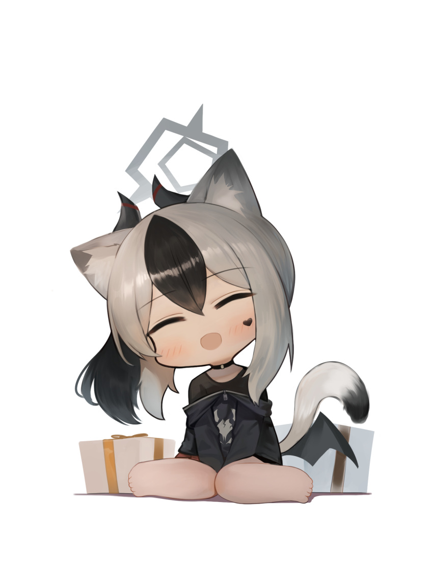 1girl :d ^_^ animal_ear_fluff animal_ears barefoot black_hair black_hoodie black_shirt black_wings blue_archive cat_ears cat_girl cat_tail closed_eyes closed_mouth dokomon facial_mark facing_viewer full_body grey_hair hair_between_eyes halo head_tilt heart highres hood hood_down hoodie horns kayoko_(blue_archive) low_wings multicolored_hair off_shoulder pleated_skirt ponytail purple_skirt shadow shirt simple_background sitting skirt smile solo tail two-tone_hair wariza white_background wings