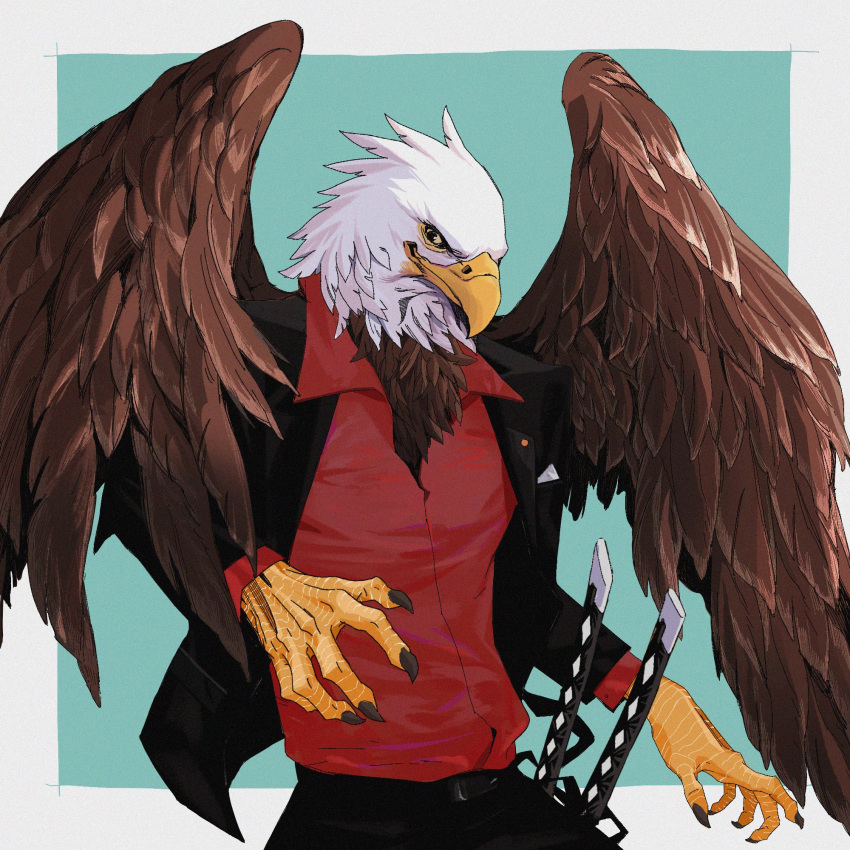 1boy beak bird_boy bird_wings black_eyes black_jacket black_pants blue_background brown_feathers brown_wings claws closed_mouth collared_jacket collared_shirt colored_sclera english_commentary feathered_wings feathers furry furry_male hands_up highres jacket katana llishifu long_sleeves looking_at_viewer male_focus original pants red_shirt shirt solo standing suit_jacket sword upper_body weapon white_feathers wings yellow_sclera