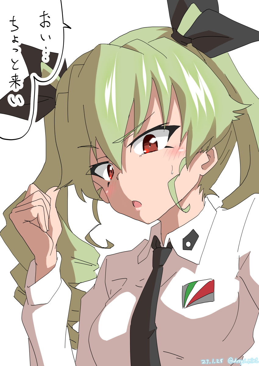 1girl absurdres anchovy_(girls_und_panzer) anzio_school_uniform black_necktie black_ribbon commentary_request dated dress_shirt drill_hair drops_mint emblem frown girls_und_panzer green_hair hair_ribbon highres long_hair long_sleeves looking_at_viewer necktie open_mouth pointing red_eyes ribbon school_uniform shirt simple_background solo sweatdrop thumbs_up translated twin_drills twintails twitter_username upper_body white_background white_shirt wing_collar