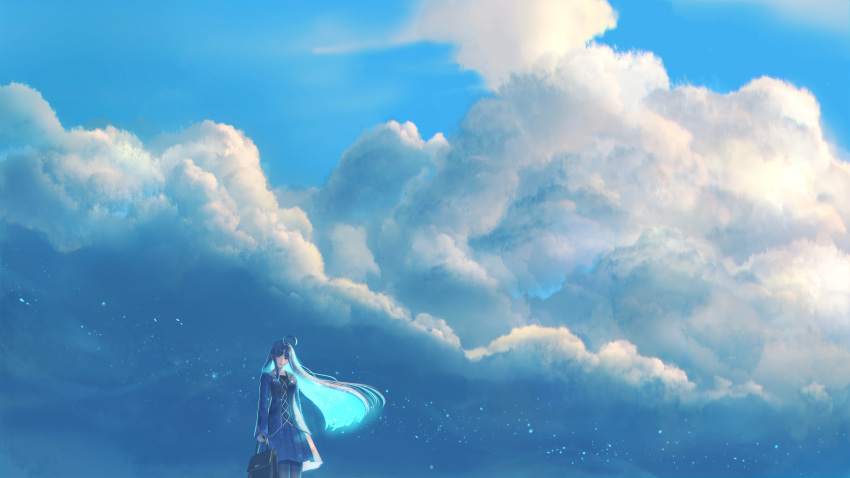1girl ahoge bag blue_hair blue_jacket blue_skirt blue_sky closed_mouth clouds colored_inner_hair floating_hair glowing glowing_hair highres holding holding_bag jacket light_particles long_hair long_sleeves looking_at_viewer multicolored_hair original pleated_skirt sakimori_(hououbds) scenery skirt sky solo standing