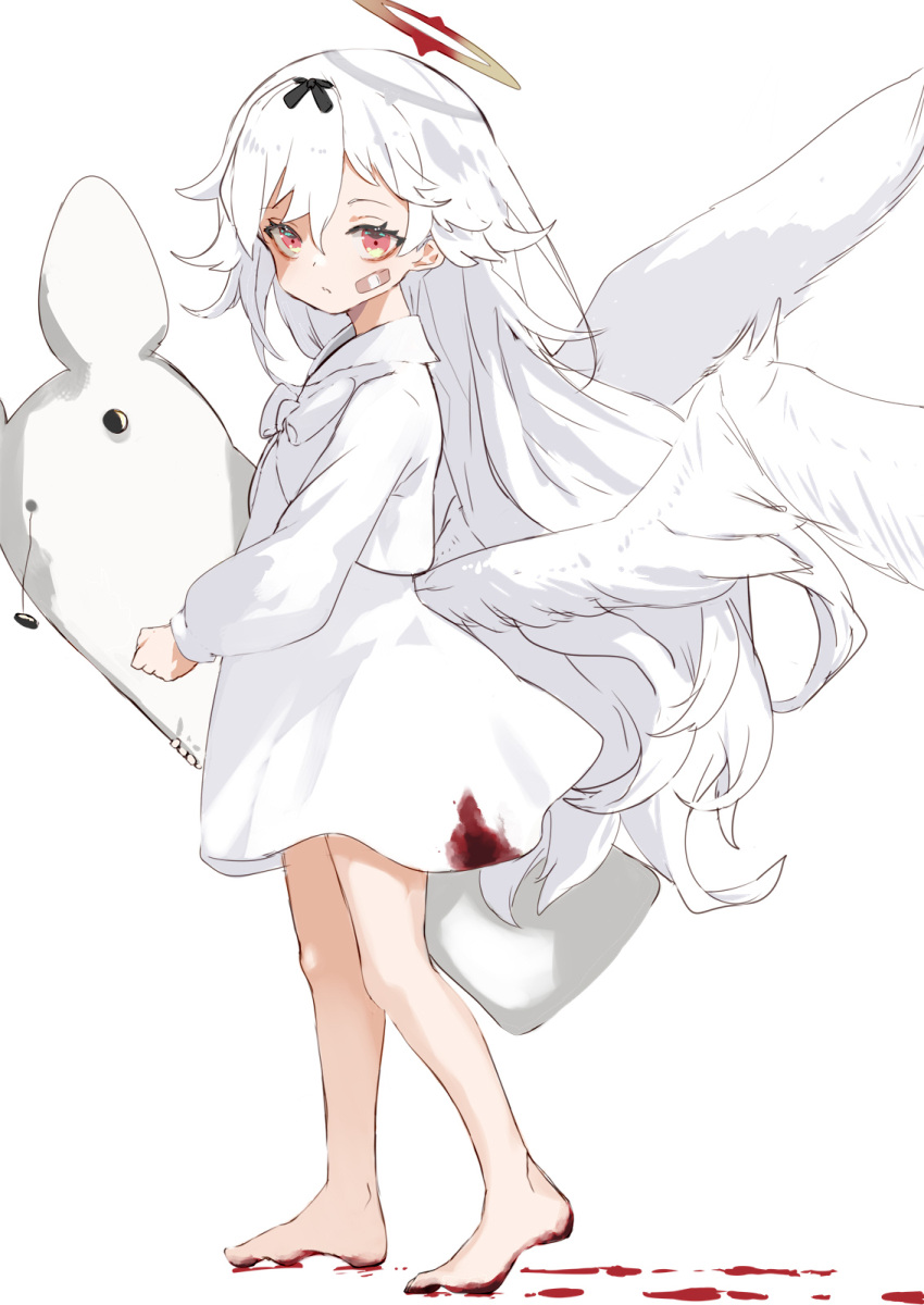 1girl angel angel_wings barefoot blood blood_on_clothes blood_on_feet blood_on_ground dress full_body halo highres long_hair long_sleeves looking_at_viewer original red_eyes shiromiso stuffed_animal stuffed_toy very_long_hair white_background white_dress white_hair white_theme white_wings wings