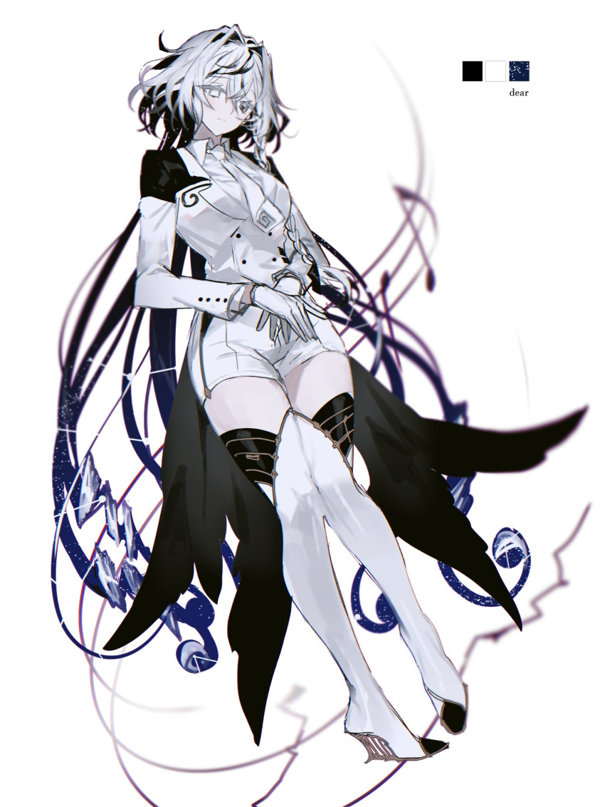1girl black_hair boots colored_eyelashes e.g.o_(project_moon) eighth_note employee_(lobotomy_corporation) gloves high_heel_boots high_heels highres jacket lobotomy_corporation long_hair multicolored_hair musical_note original project_moon remsrar shirt shorts solo the_silent_orchestra thigh_boots two-tone_hair very_long_hair white_eyes white_footwear white_gloves white_hair white_jacket white_shirt white_shorts