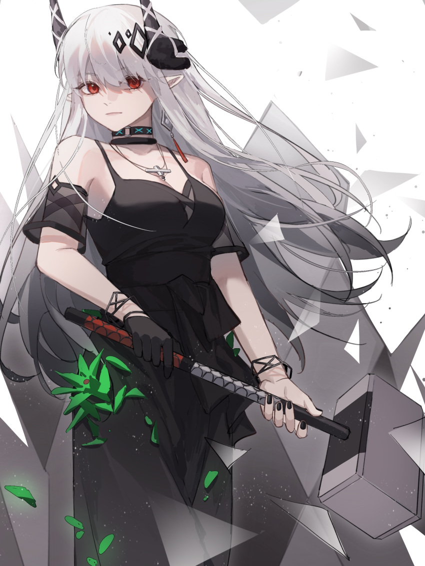1girl absurdres arknights bare_shoulders black_dress black_gloves black_nails breasts closed_mouth cowboy_shot cross cross_necklace demon_horns diamond_hair_ornament dress fingernails gloves grey_hair highres holding holding_weapon horns infection_monitor_(arknights) jewelry lips long_hair looking_at_viewer medium_breasts mudrock_(arknights) mudrock_(obsidian)_(arknights) nail_polish necklace pointy_ears red_eyes single_glove sleeveless sleeveless_dress solo spaghetti_strap very_long_hair war_hammer weapon weimeizi