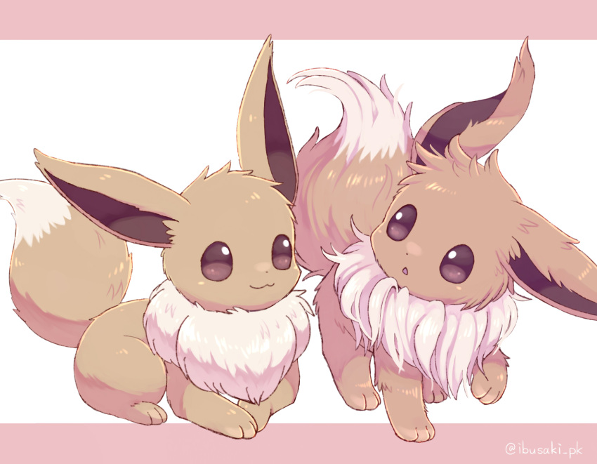 :3 animal_focus brown_eyes closed_mouth commentary_request eevee eye_contact highres ibusaki_(ivu) looking_at_another lying no_humans parted_lips pokemon pokemon_(creature) smile standing watermark