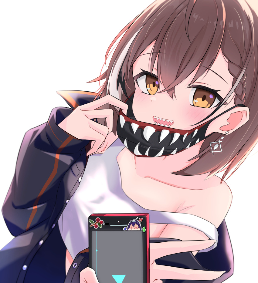 1girl absurdres ahoge alternate_costume berry black_jacket braid braided_bangs brown_eyes brown_hair cellphone crop_top earrings enderslimek flower highres hololive hololive_english jacket jewelry looking_at_viewer mask mouth_mask multicolored_hair nanashi_mumei official_alternate_hairstyle ouro_kronii phone sharp_teeth shirt short_hair single_earring smartphone streaked_hair teeth v virtual_youtuber white_shirt