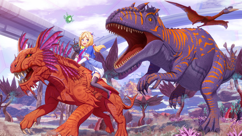 1girl aki_rosenthal animal ark_survival_evolved black_footwear black_thighhighs blonde_hair blue_jacket boots breasts commentary_request day dinosaur dress elbow_gloves giganotosaurus gloves headgear high_heel_boots high_heels highres hololive jacket long_hair low_twintails medium_breasts mikomiko_(mikomikosu) open_mouth outdoors parted_bangs pleated_dress quetzalcoatlus riding short_sleeves solo thigh-highs thigh_boots tree twintails very_long_hair violet_eyes virtual_youtuber wavy_mouth white_dress white_gloves