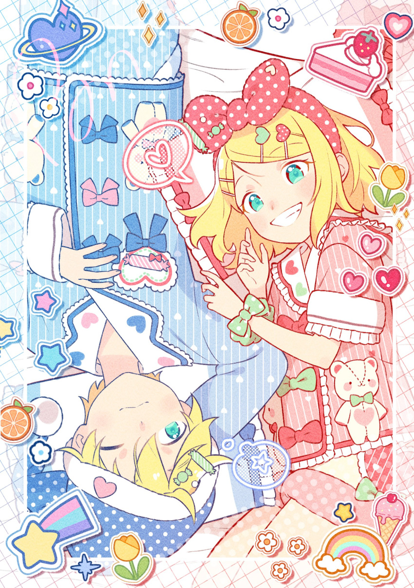 1boy 1girl absurdres aqua_eyes bed_sheet blonde_hair blue_bow blue_pajamas bon_bon_eee bow cake candy_hair_ornament collar flower food food-themed_hair_ornament frilled_collar frilled_pillow frilled_sleeves frills fruit green_bow grin hair_bow hair_ornament hairclip hat heart highres ice_cream kagamine_len kagamine_rin long_sleeves looking_at_viewer lying nightcap on_back on_bed on_side one_eye_closed orange_(fruit) pajamas pillow pink_bow pink_pajamas polka_dot polka_dot_bow rainbow red_bow rotational_symmetry scrunchie shooting_star short_sleeves shorts sleepy smile spoken_heart spoken_star star_(symbol) sticker strawberry_cake striped striped_pajamas stuffed_animal stuffed_toy swept_bangs teddy_bear tulip vocaloid wavy_mouth wrist_scrunchie