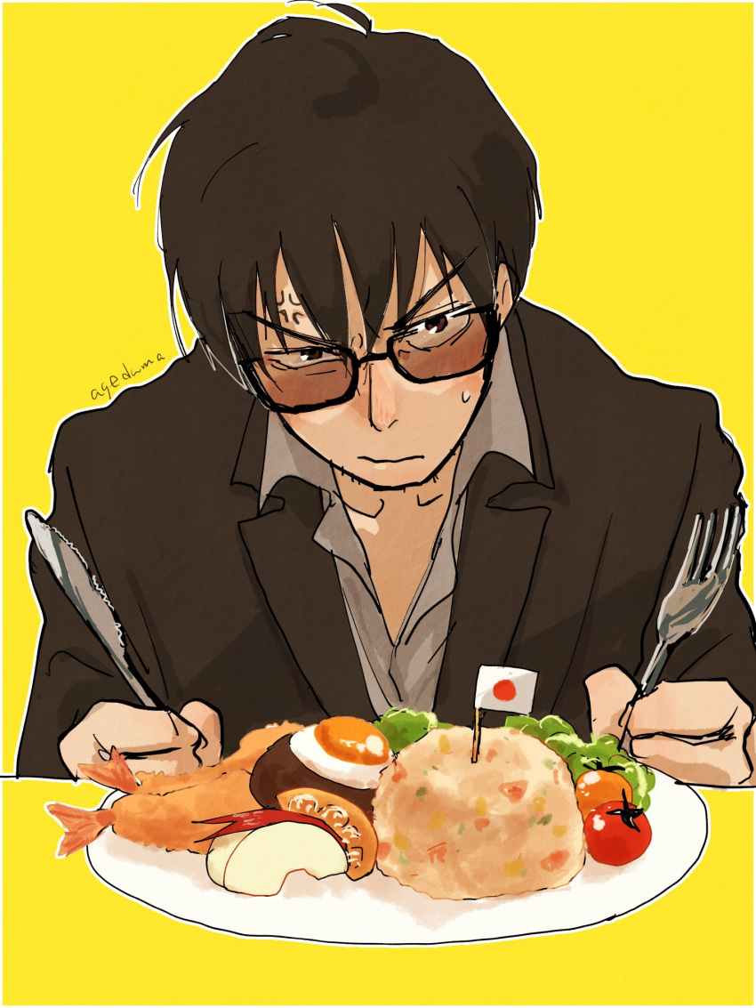 1boy ageage_dama_s beard black_hair cherry_tomato closed_eyes egg_(food) facial_hair food fork highres nicholas_d._wolfwood rice simple_background solo sunglasses table_knife tomato trigun yellow_background