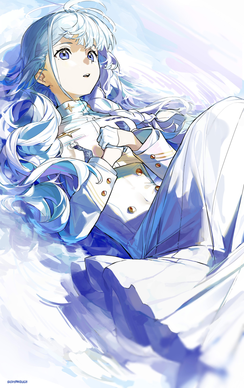 1girl absurdres artist_name blue_archive blue_eyes blue_hair general_student_council_president_(blue_archive) gloves gohanduck half_gloves halo hands_on_own_chest highres jacket knees_up long_hair long_skirt long_sleeves lying on_back parted_lips skirt solo white_gloves white_jacket white_skirt