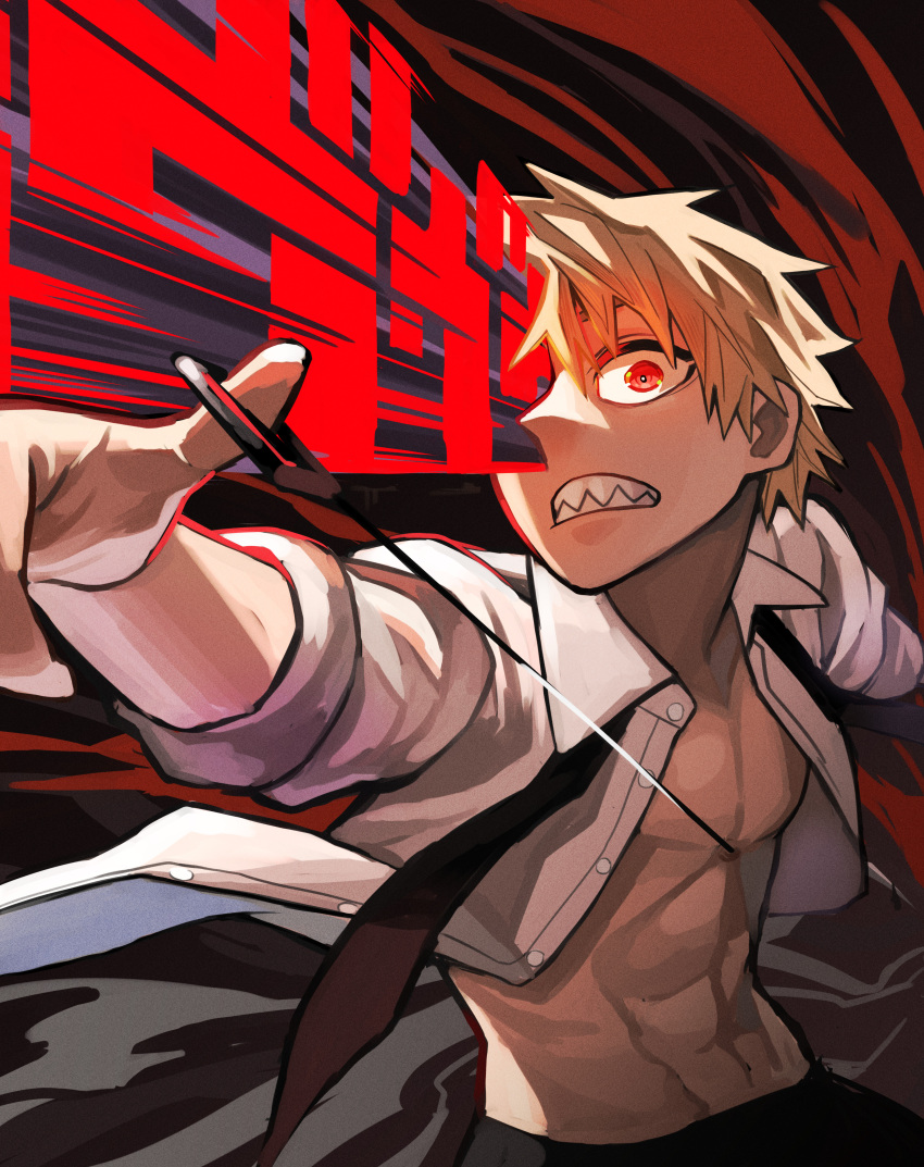 1boy abs absurdres black_necktie black_pants chainsaw chainsaw_man clip_studio_paint_(medium) collared_shirt denji_(chainsaw_man) highres looking_at_viewer motion_blur motion_lines necktie open_clothes open_shirt pants parted_lips pull_cord red_eyes sharp_teeth shirt solo soubu_yuusuke teeth white_shirt