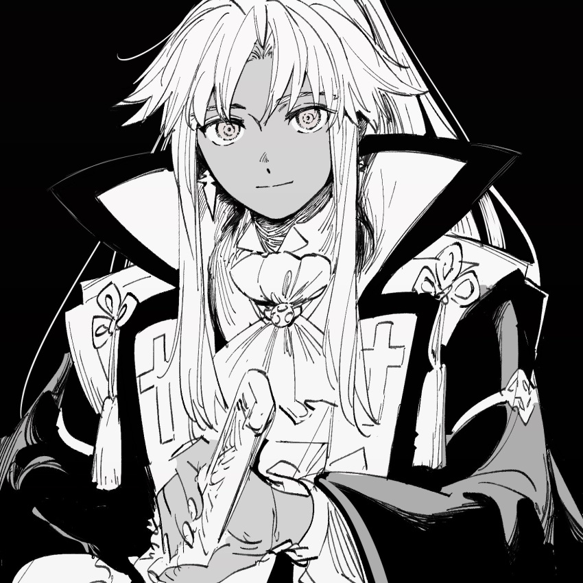 1boy amakusa_shirou_(third_ascension)_(fate) ascot bishounen cross_print dark-skinned_male dark_skin fate/apocrypha fate/grand_order fate_(series) greyscale highres japanese_clothes light_smile long_hair looking_at_viewer male_focus mizutaki_yakko monochrome ponytail sheath smile solo unfinished unsheathing upper_body very_long_hair weapon white_ascot