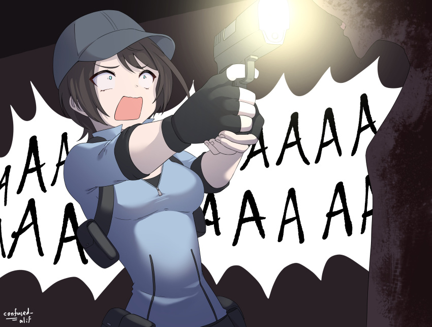 1girl absurdres baseball_cap black_gloves blue_eyes brown_hair confused_alif fingerless_gloves firing gloves gun hat highres hololive jill_valentine medium_hair oozora_subaru open_mouth scared shouting solo speech_bubble virtual_youtuber weapon zipper zipper_pull_tab