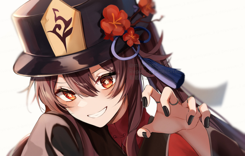 1girl artist_name black_headwear black_nails blush branch brown_coat brown_hair chinese_clothes coat collared_coat fingernails flower flower-shaped_pupils genshin_impact hair_between_eyes hands_up hat hat_flower hat_ornament hat_ribbon highres hu_tao_(genshin_impact) jewelry long_fingernails long_hair long_sleeves looking_at_viewer mandarin_collar miyanami_3 nail_polish purple_ribbon red_eyes red_flower red_shirt ribbon ring shirt sidelocks simple_background smile solo symbol-shaped_pupils tassel tassel_hat_ornament teeth twintails upper_body watermark white_background wide_sleeves wing_collar