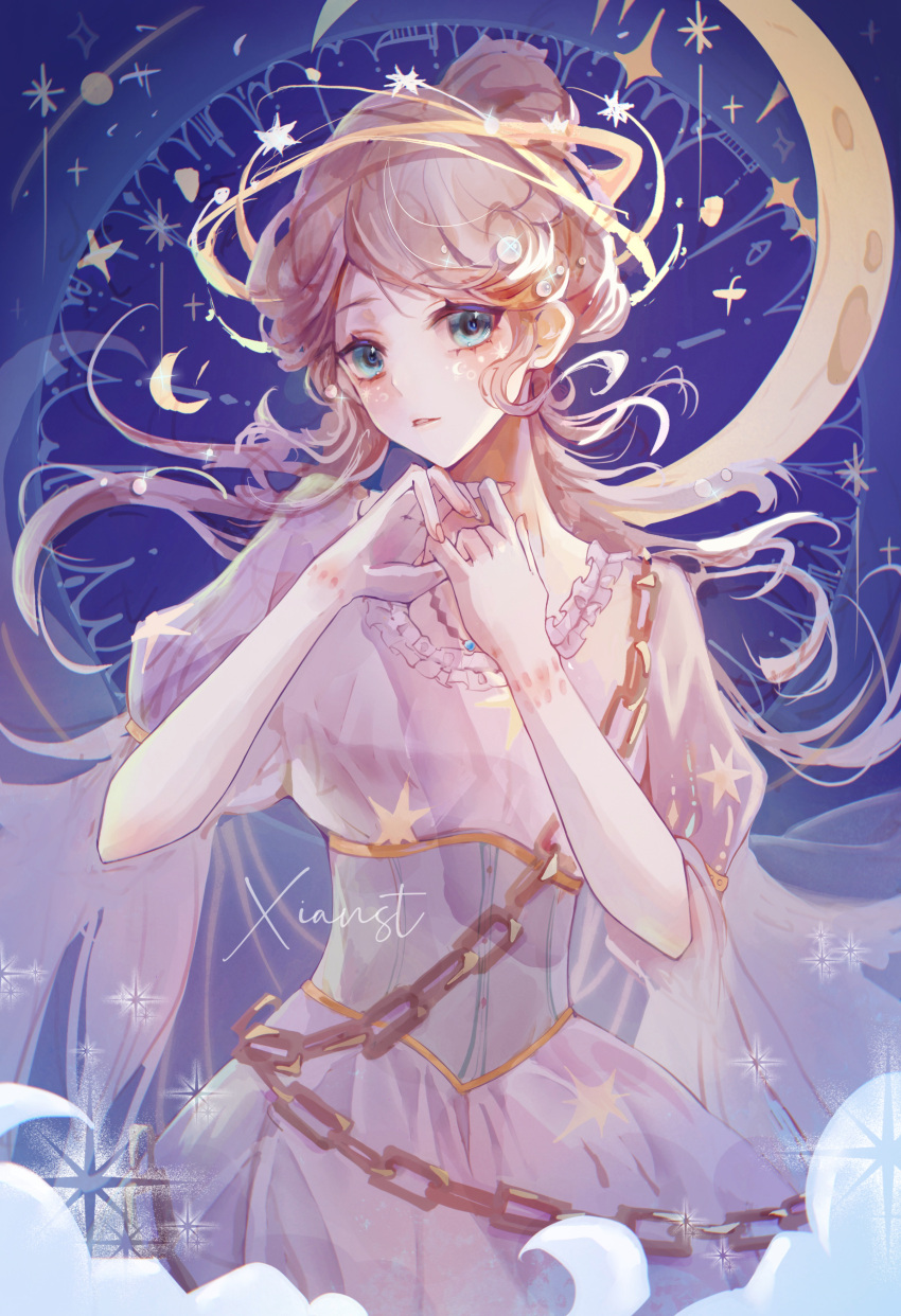 1girl absurdres alternate_costume blonde_hair blue_eyes dress emma_woods halo highres identity_v light_brown_hair looking_at_viewer moon parted_bangs short_hair upper_body white_dress xianst