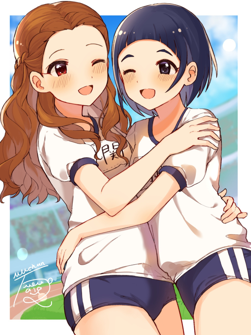 2girls ;d artist_name black_bloomers black_eyes black_hair blush brown_hair buruma day gym_shirt gym_uniform highres hug idolmaster idolmaster_cinderella_girls idolmaster_cinderella_girls_starlight_stage long_hair mmmakaron888 multiple_girls name_tag okazaki_yasuha one_eye_closed open_mouth red_eyes seki_hiromi shirt short_hair smile stadium