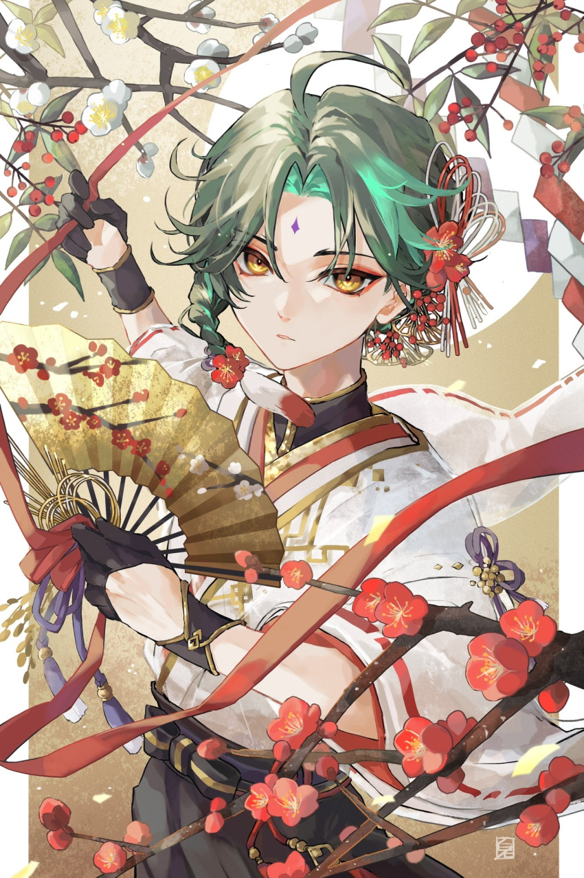 1boy ahoge alternate_costume alternate_hairstyle black_gloves black_hair facial_mark forehead_mark genshin_impact gloves green_hair hand_fan highres holding holding_fan jewelry looking_at_viewer male_focus multicolored_hair red_eyeliner shiraishi_(siraisi00) solo third-party_source traditional_media xiao_(genshin_impact) yellow_eyes