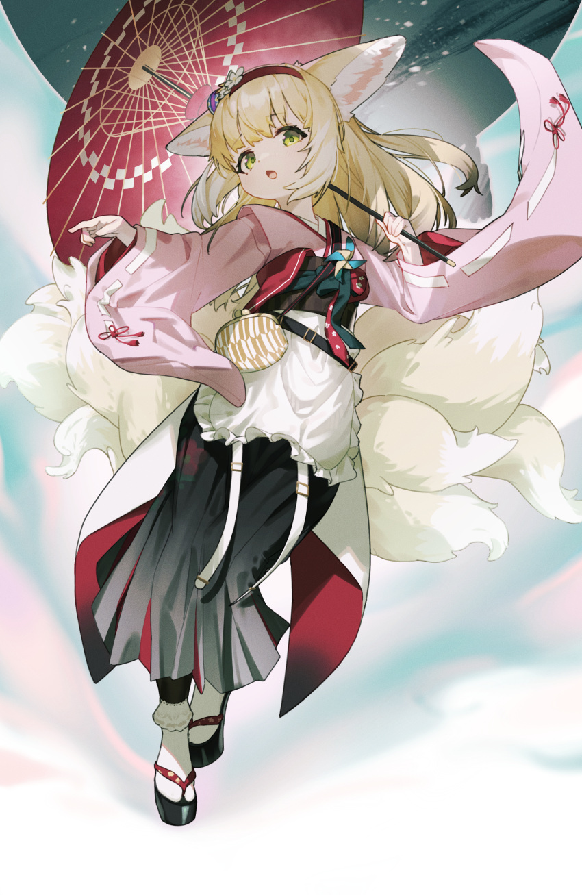 1girl absurdres animal_ear_fluff animal_ears apron arknights balancing black_hakama blonde_hair bobby_socks chinese_commentary coin_purse commentary floral_print flower fox_ears fox_tail frilled_apron frills full_body green_eyes hair_flower hair_ornament hairband hakama hakama_skirt hands_up highres holding holding_umbrella japanese_clothes kimono kitsune kyuubi long_sleeves mosou_keito multiple_tails obi official_alternate_costume oil-paper_umbrella okobo parted_lips pink_kimono pinwheel pleated_skirt red_hairband red_umbrella sandals sash skirt socks solo standing suzuran_(arknights) suzuran_(yukibare)_(arknights) tabi tail tassel umbrella waist_apron white_apron white_socks wide_sleeves yagasuri