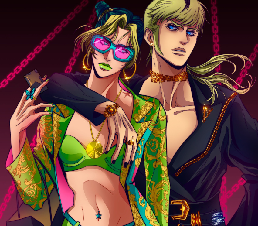 1boy 1girl alternate_costume arm_around_shoulder birthmark black_hair black_nails blonde_hair blue_eyes butterfly_ring cone_hair_bun crop_top donatello_versace double_bun earrings green_jacket green_lips green_nails hair_bun highres hoop_earrings jacket jewelry joestar_birthmark jojo_no_kimyou_na_bouken kujo_jolyne lipstick makeup mrg_dm multicolored_hair navel_piercing necklace piercing ponytail sideburns stethoscope stone_ocean sunglasses two-tone_hair watch watch