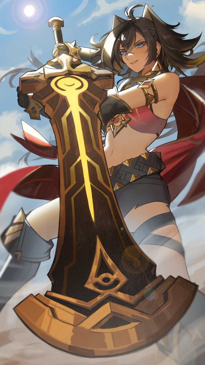 1girl absurdres backlighting bare_shoulders blue_eyes blue_sky boots brown_hair cape clouds commission dehya_(genshin_impact) distr foreshortening genshin_impact hair_intakes highres holding holding_sword holding_weapon looking_at_viewer midriff red_cape shorts sky smile sun sword tan thigh_strap weapon wind