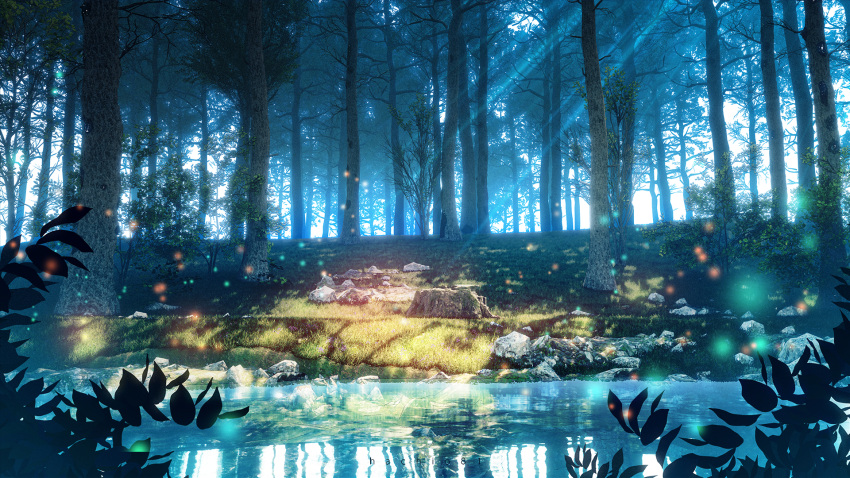 artist_name dappled_sunlight fireflies forest grass hachio81 highres lake nature no_humans original plant reflection reflective_water rock scenery sunlight tagme tree water