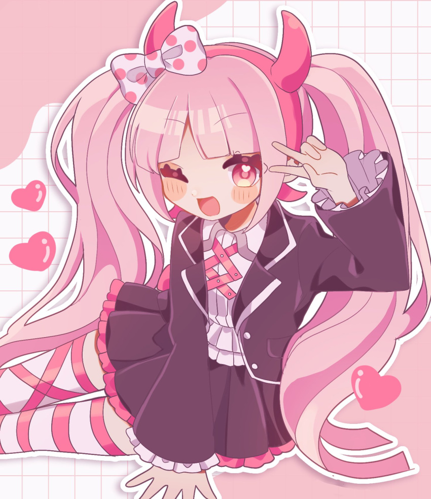 1girl :d ameko53133 blush bow collared_shirt danganronpa_(series) danganronpa_another_episode:_ultra_despair_girls fake_horns grey_shirt hair_bow hairband highres horns jacket long_hair long_sleeves looking_at_viewer one_eye_closed open_clothes open_mouth outline pink_eyes pink_hair shirt skirt smile solo twintails utsugi_kotoko v white_outline