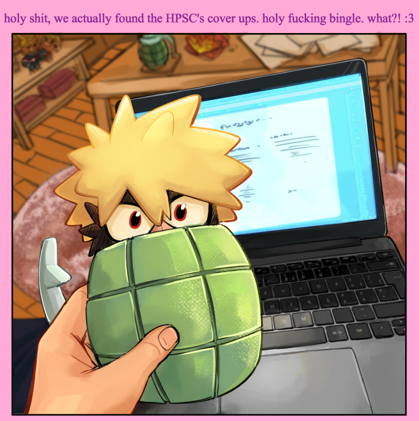 2boys blonde_hair blurry blurry_background boku_no_hero_academia border commentary computer creature dynamy_(boku_no_hero_academia) english_commentary english_text habkart highres holding holding_creature holy_fucking_bingle_(meme) indoors laptop looking_at_viewer male_focus meme midoriya_izuku multiple_boys paper photo-referenced pink_border red_eyes short_hair spiky_hair table