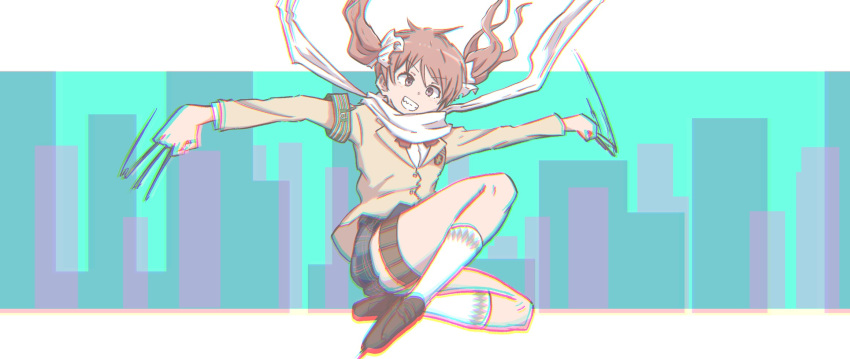 &gt;:) armband between_fingers border bow brown_eyes brown_hair brown_jacket flat_chest full_body green_armband grin highres holding holding_needle holding_weapon holster jacket jumping knee_up legs midair miniskirt motion_blur motion_lines needle official_alternate_costume outstretched_arms psychic red_bow scarf school_uniform shirai_kuroko shirt skirt smile teleport thigh_holster thigh_strap throwing_needles toaru_kagaku_no_railgun toaru_majutsu_no_index toaru_majutsu_no_index:_genesis_testament toaru_majutsu_no_index:_new_testament tokiwadai_school_uniform twintails v-shaped_eyebrows weapon white_border white_scarf white_shirt winter_clothes winter_uniform yuvalainen