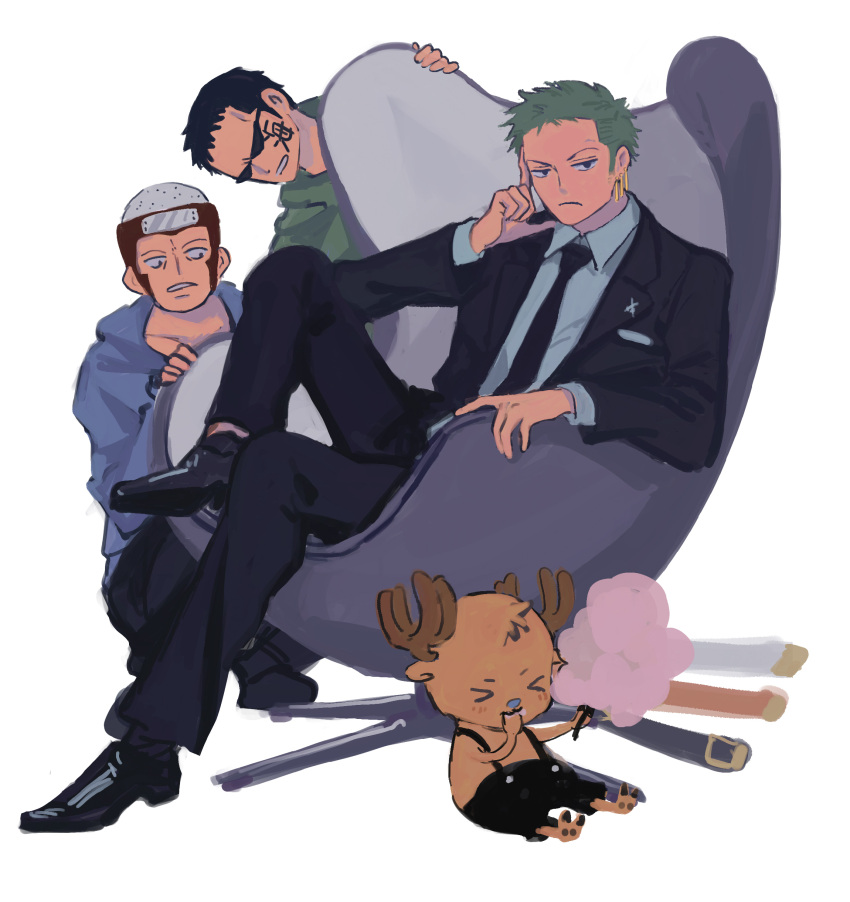 4boys absurdres alternate_costume antlers bald black_hair candy cotton_candy earrings food green_hair highres horns jewelry johnny_(one_piece) male_focus multiple_boys one_piece reindeer_antlers roronoa_zoro short_hair sunglasses tony_tony_chopper towne yosaku_(one_piece)