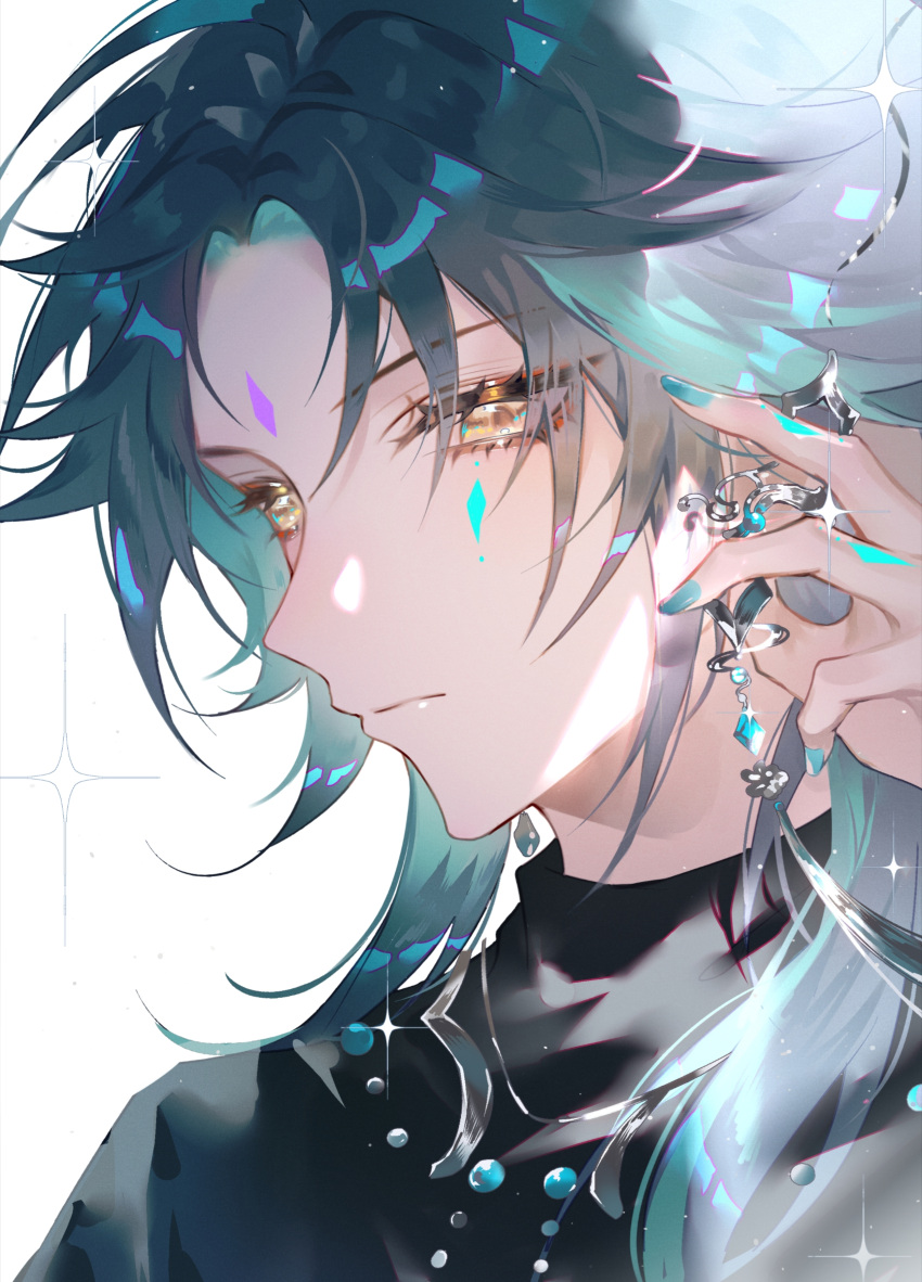 1boy absurdres alternate_costume black_hair earrings expressionless facial_mark forehead_mark genshin_impact glint green_hair highres jewelry looking_at_viewer male_focus multicolored_hair solo sparkle xiao_(genshin_impact) yellow_eyes zhumojian