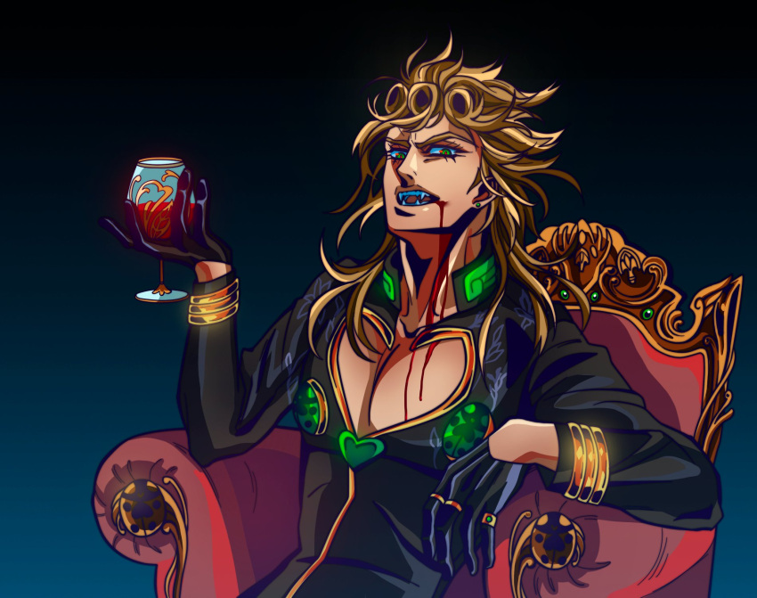1boy alcohol black_gloves blonde_hair blood blood_on_face bug chair cup cupping_glass drinking_glass fangs giorno_giovanna gloves green_eyes hair_ornament half_gloves highres holding holding_cup jojo_no_kimyou_na_bouken ladybug long_hair male_focus mrg_dm sitting solo upper_body vampire vento_aureo wine wine_glass