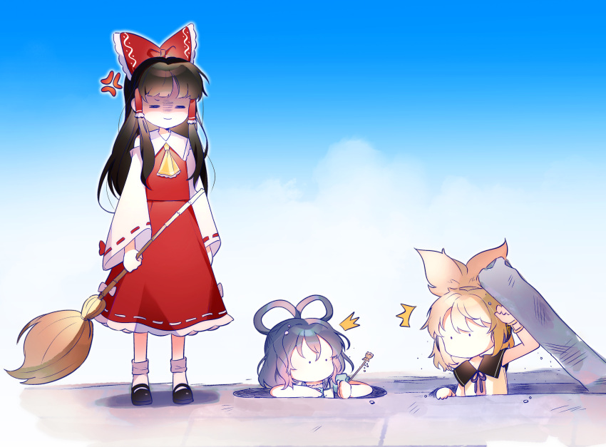 3girls =_= ^^^ absurdres anger_vein annoyed ascot blue_hair bow bracelet broom day detached_sleeves earmuffs flat_chest frilled_bow frills hair_bow hair_rings hair_tubes hakurei_reimu highres holding holding_broom j_(ppxx3543) jewelry kaku_seiga light_brown_hair looking_at_another multiple_girls no_mouth pointy_hair ribbon-trimmed_sleeves ribbon_trim shaded_face skirt sleeveless touhou toyosatomimi_no_miko