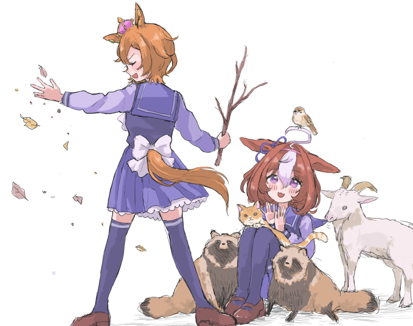 2girls :d ahoge animal animal_ears bird blue_shirt blue_skirt blue_theme blush bow branch brown_footwear brown_hair cat clapping closed_eyes commentary_request crown falling_leaves goat hairband hands_up hane_(yndyug2) highres holding holding_branch horse_ears horse_girl horse_tail knees_up leaf long_sleeves meisho_doto_(umamusume) mini_crown multicolored_hair multiple_girls pink_hairband pleated_skirt profile raccoon shadow shirt shoes simple_background sitting skirt smile standing t.m._opera_o_(umamusume) tail tail_through_clothes two-tone_hair umamusume violet_eyes white_background white_bow white_hair