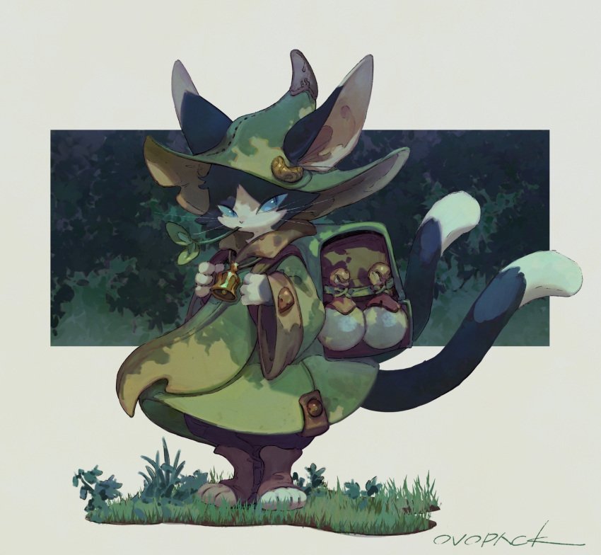 1girl artist_name backpack bag bell blue_eyes cat coat green_coat green_headwear hat highres long_sleeves looking_to_the_side mouth_hold multiple_tails murayama_ryouta neck_bell nekomata on_grass original outdoors slit_pupils stalk_in_mouth tail two_tails whiskers wide_sleeves witch_hat